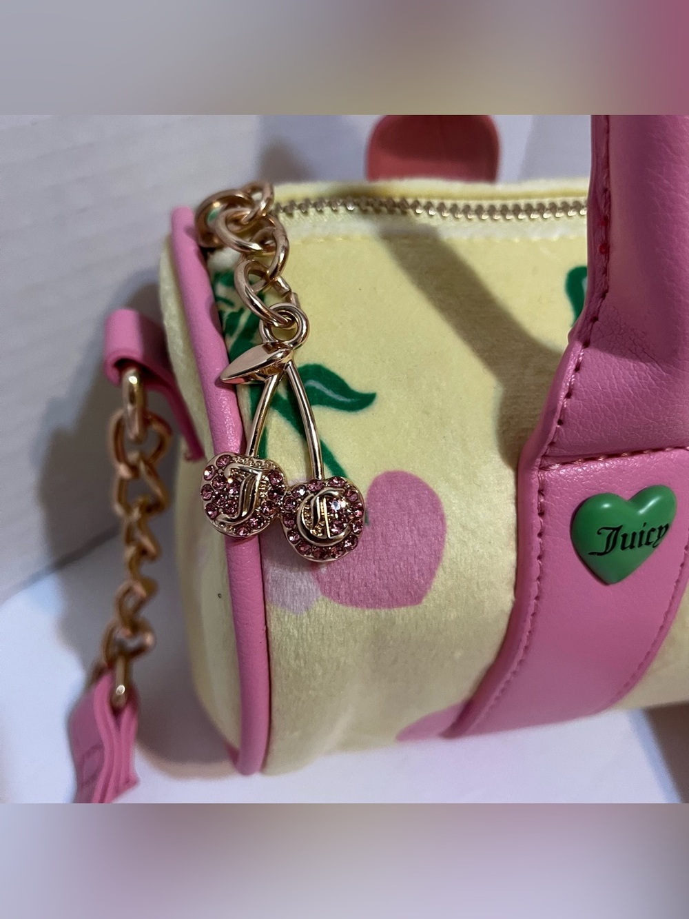 Juicy Couture Yellow Mini Barrel Bag Pink Trim & Cherry Charm Exclusive Bag - Picture 2 of 7